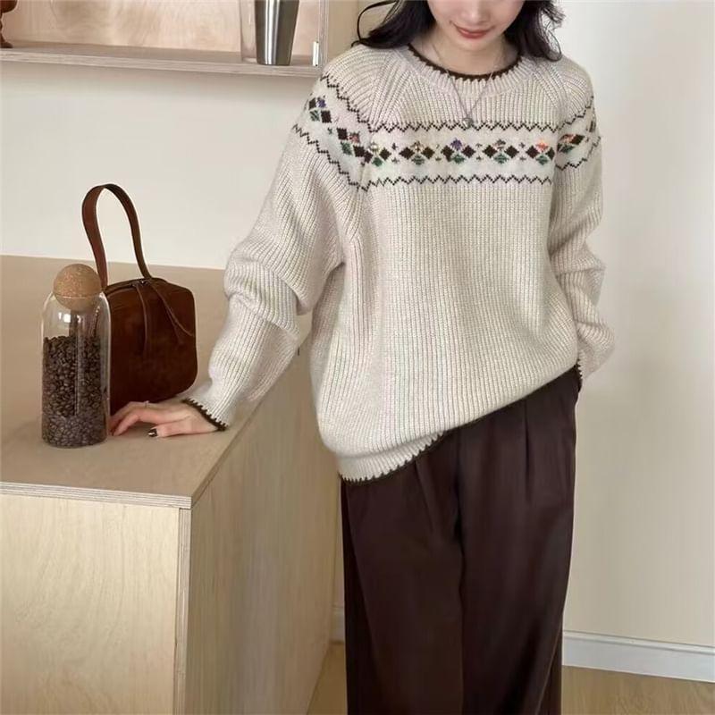 Round Neck Patterned Contrast Trim Sweater Product Image