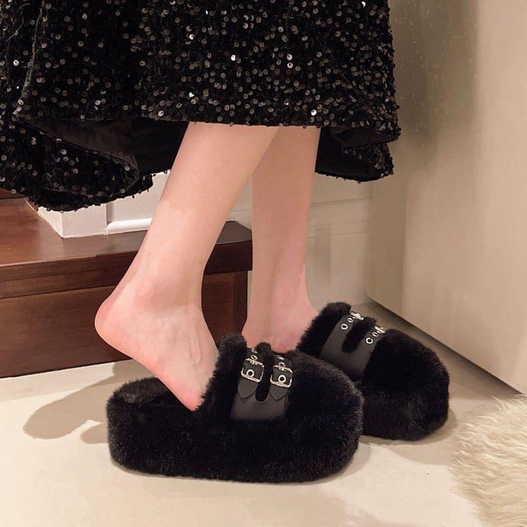 Buckled Fluffy Platform Mules Product Image