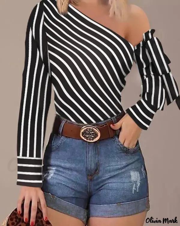 Olivia Mark – Slash Shoulder Striped Camisole Blouse Product Image