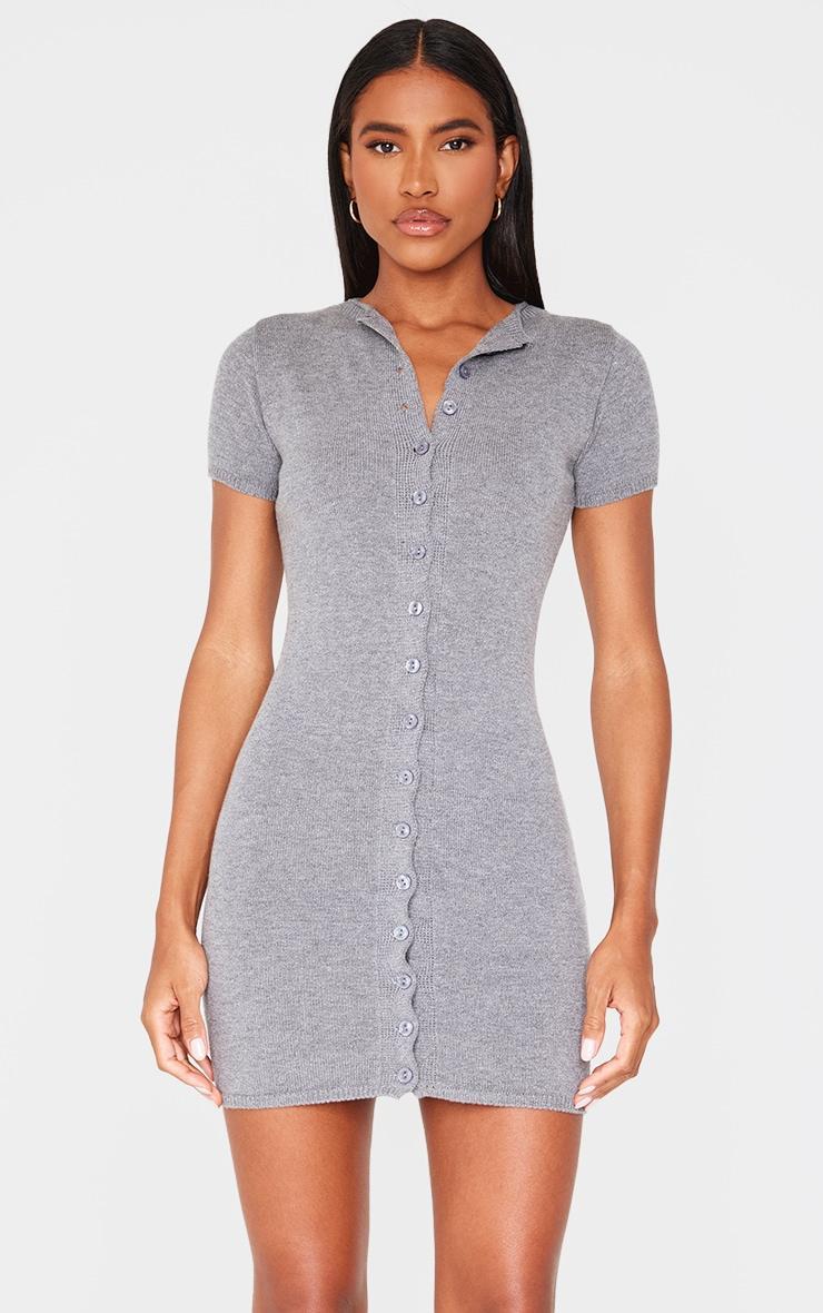 Charcoal Soft Knit Button Through Mini Dress Product Image