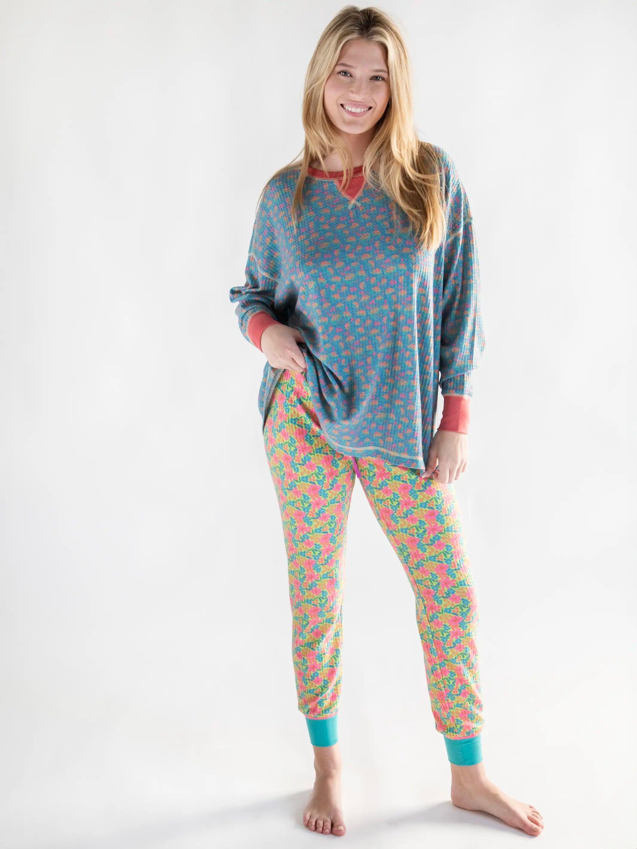 Mix & Match Waffle Pajama Top - Bright Turquoise Floral Product Image