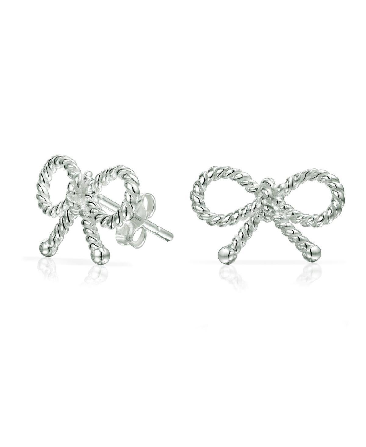 Delicate Simple Dainty Thin Twist Rope Cable Ribbon Birthday Present Bow Stud Earrings For Women For Teens .925 Sterling Silver Product Image