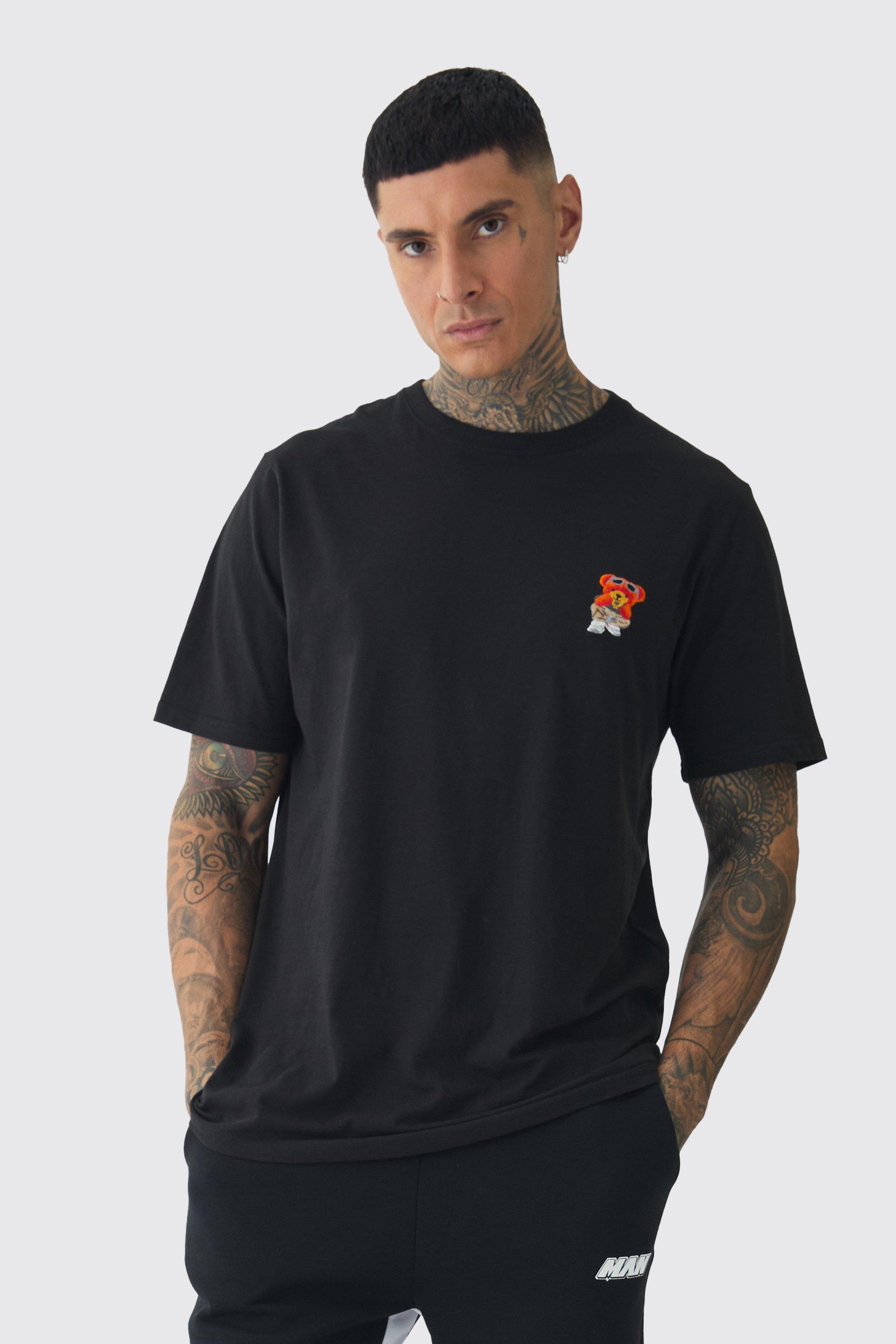 Mens Black Tall Embroidered Teddy T-Shirt, Black Product Image