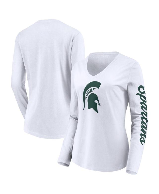 Womens Fanatics White Michigan State Spartans Logo and Script 2-Hit Long Sleeve V-Neck T-shirt Product Image