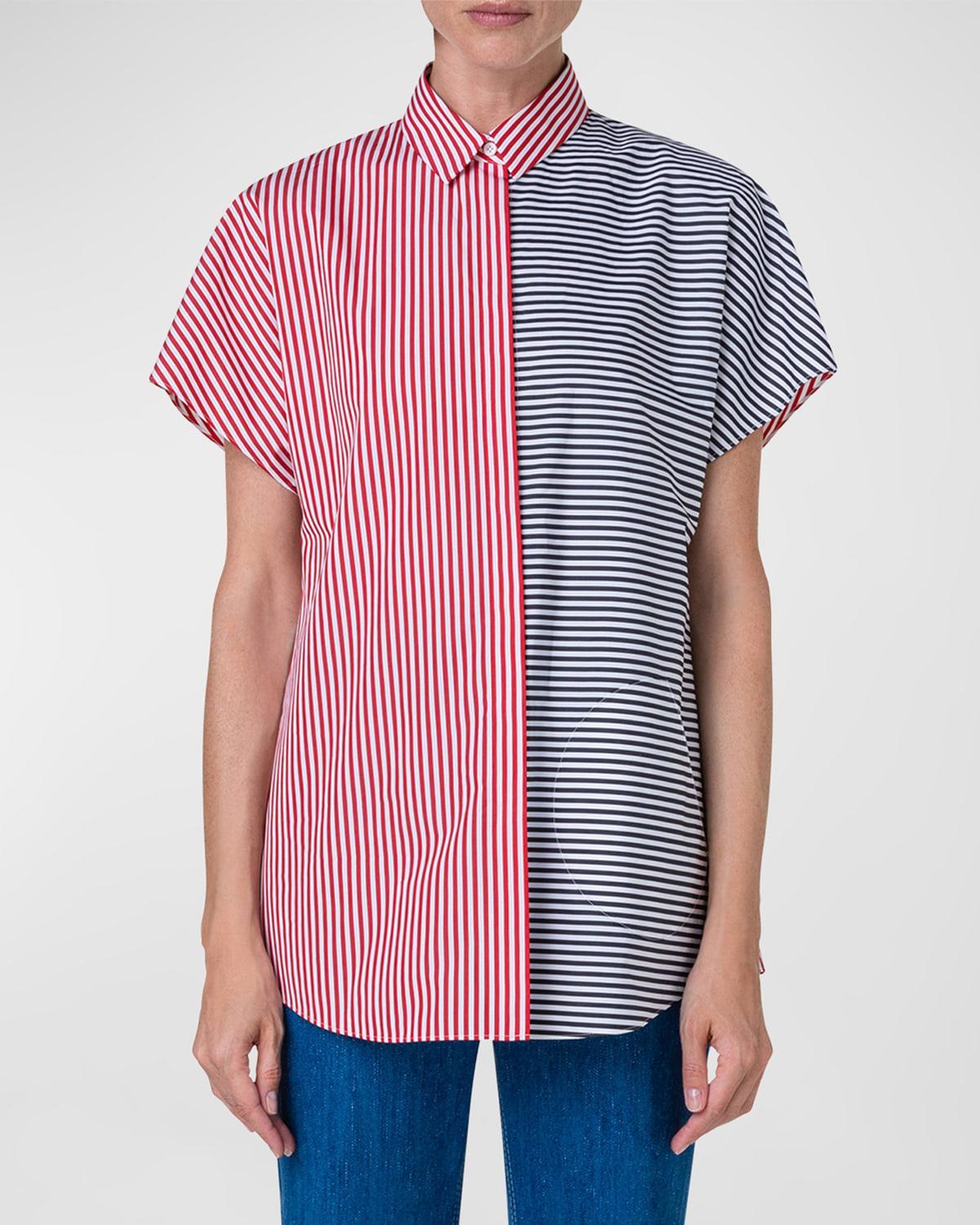 Akris punto Two-Tone Directional Stripe Short Sleeve Button-Up Cotton Shirt Product Image