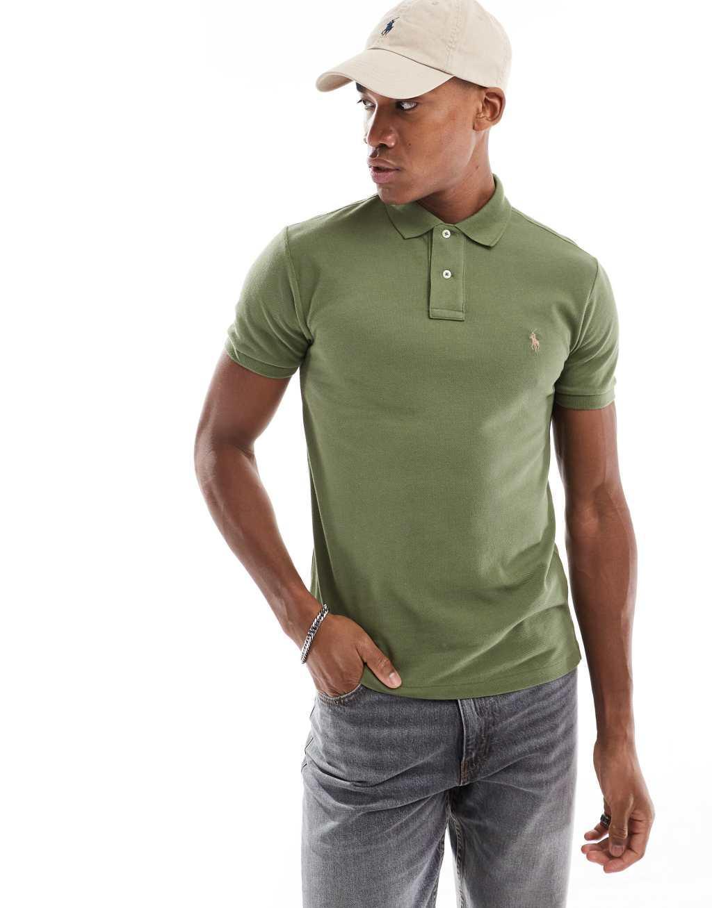 Polo Ralph Lauren icon logo slim fit pique polo in mid green Product Image