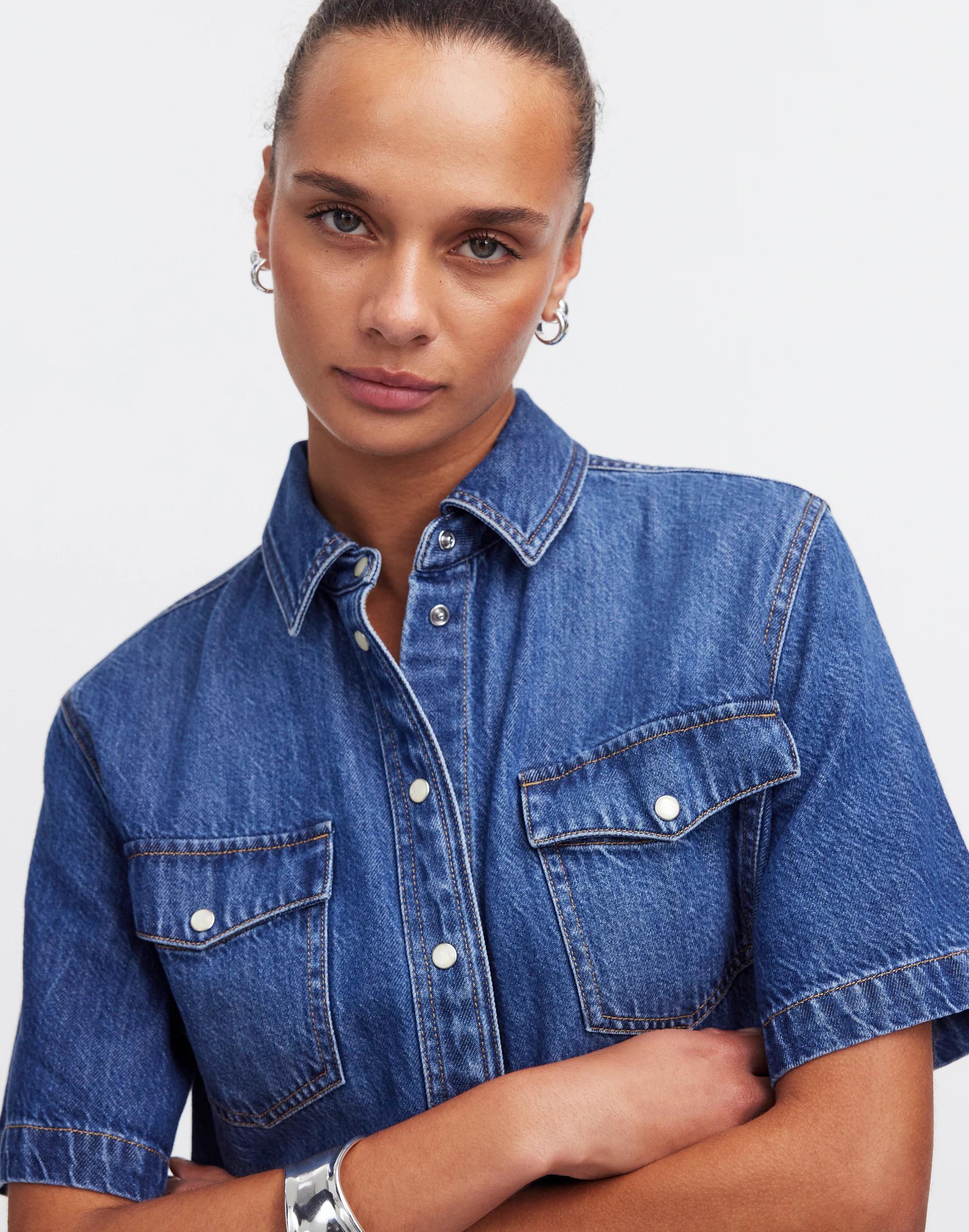 Denim Oversized Short-Sleeve Shirtdress in Santee Wash Product Image