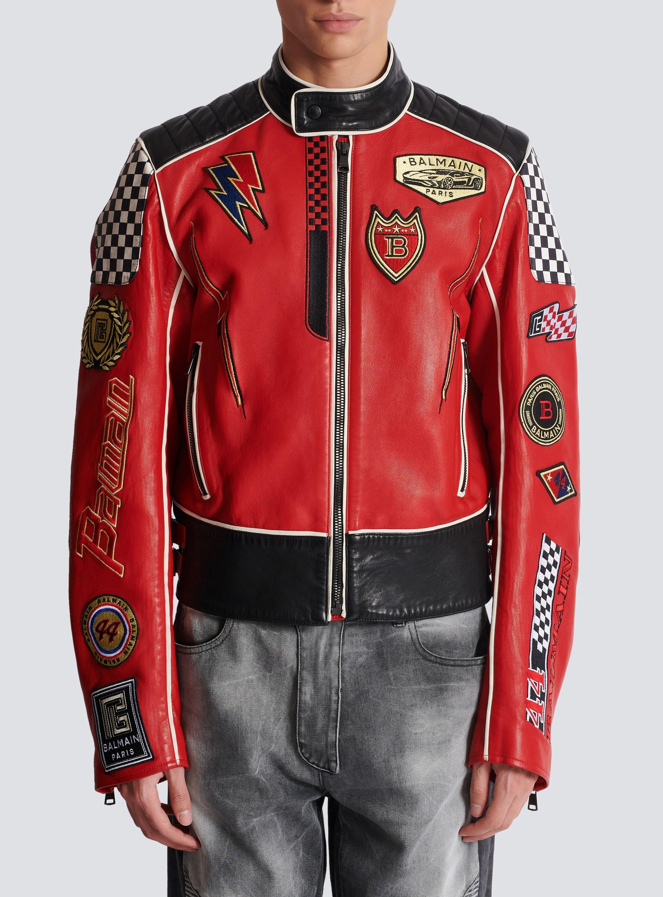 Lambskin jacket with Balmain Racing patches Product Image