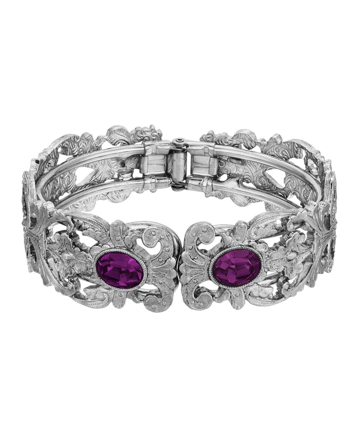 1928 Silver Tone Simulated Crystal Filigree Cuff Bracelet, Womens, Purple Product Image