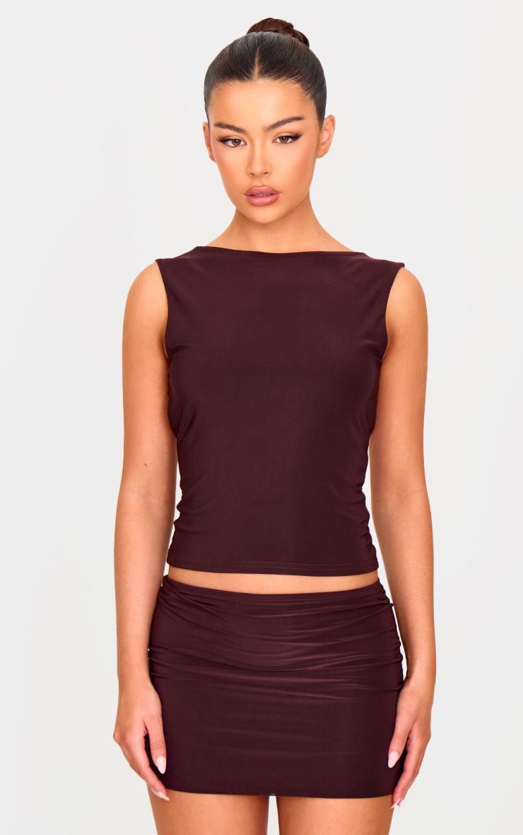 Chocolate Slinky Open Back Cap Sleeve Longline Top Product Image