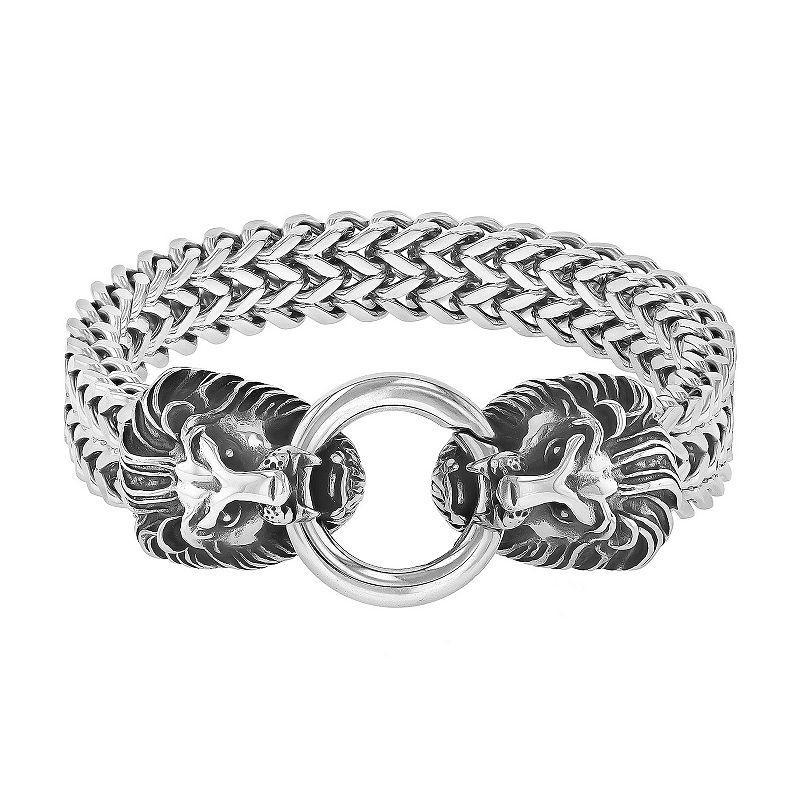 Steel Nation Mens Stainless Steel Double Row Franco Chain Lion Bracelet Silver Product Image