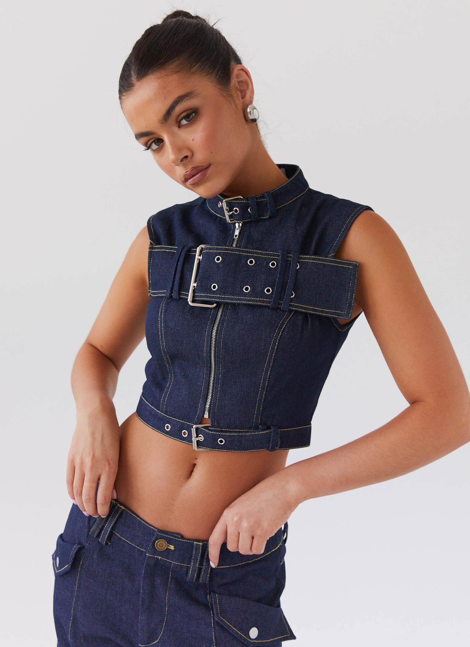 Greedy Denim Buckle Top - Indigo Product Image