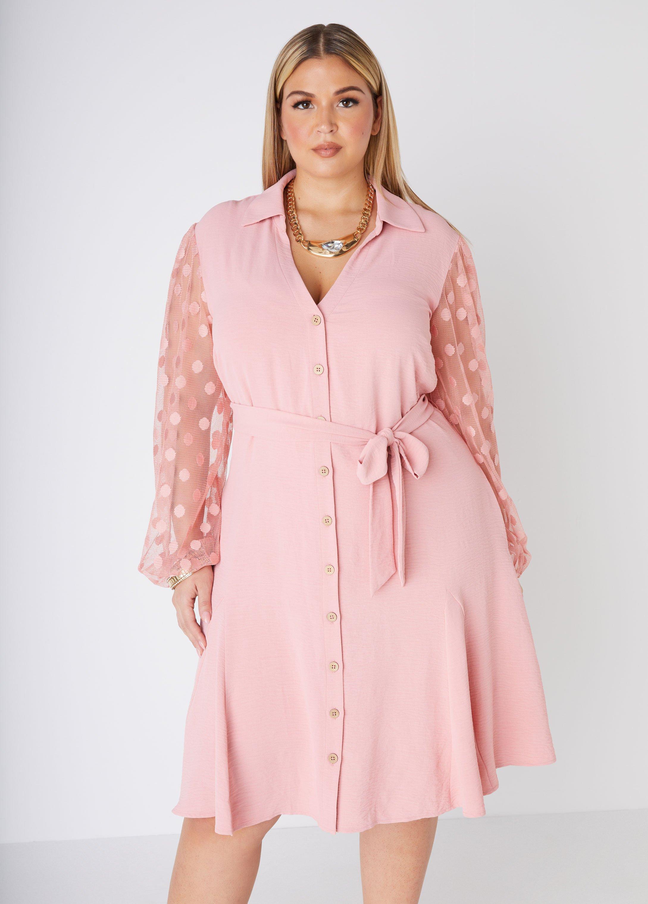 Plus Size Dotted Mesh Sleeve Shirtdress, - Ashley Stewart Product Image