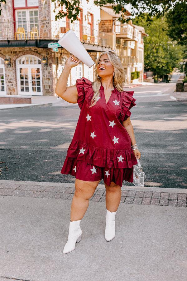 Under The Stadium Lights Ruffle Mini Dress in Maroon Curves Product Image