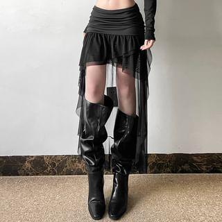 Low Waist Plain Asymmetrical Mesh Panel Mini Pencil Skirt Product Image