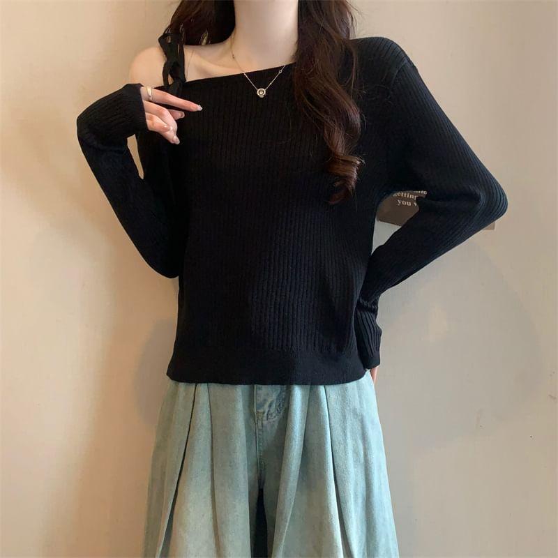 Long Sleeve Cold Shoulder Plain Tie-Up Ribbed Knit Top product image