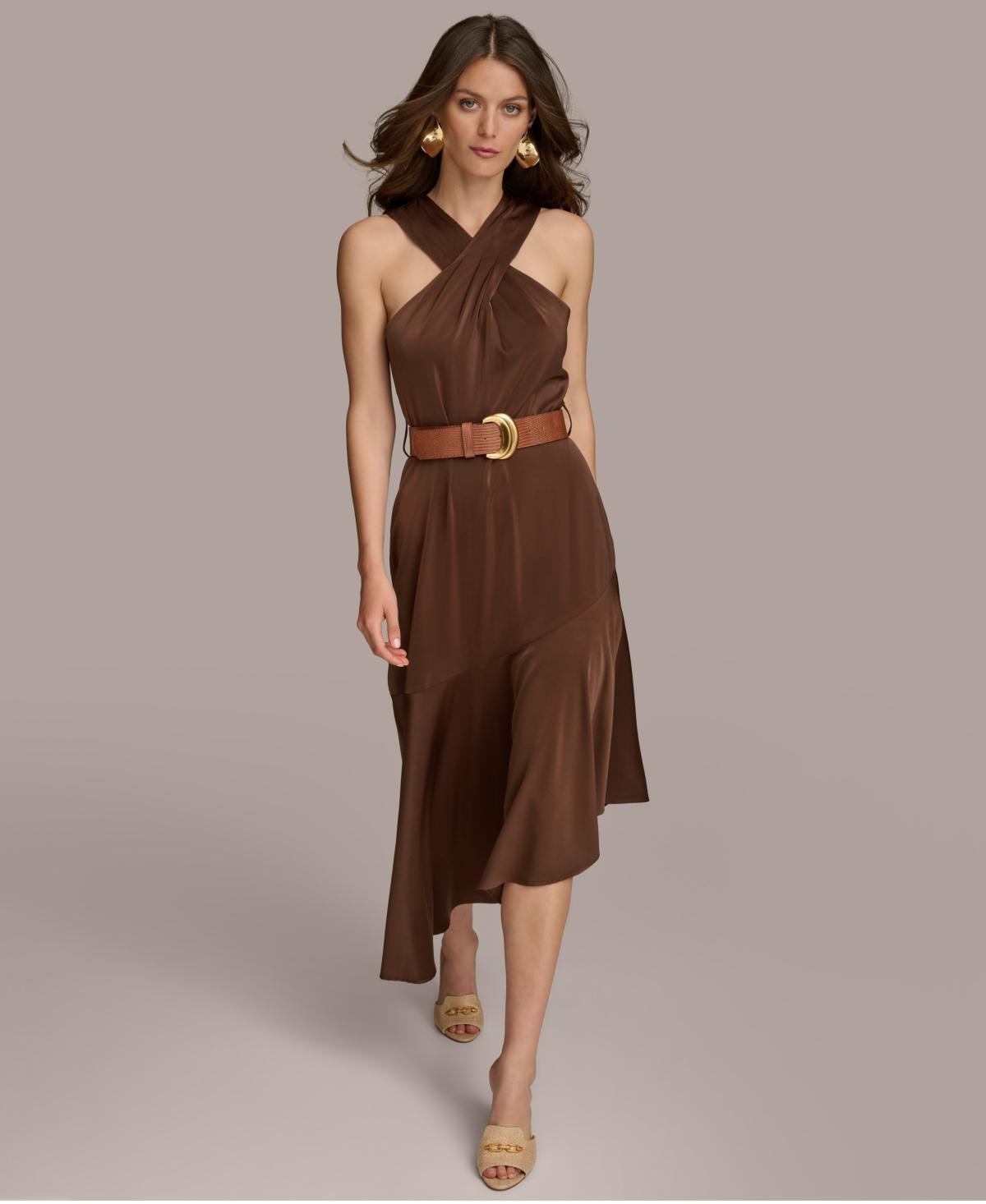 Donna Karan Womens Halter-Neck Belted Midi Dress Product Image