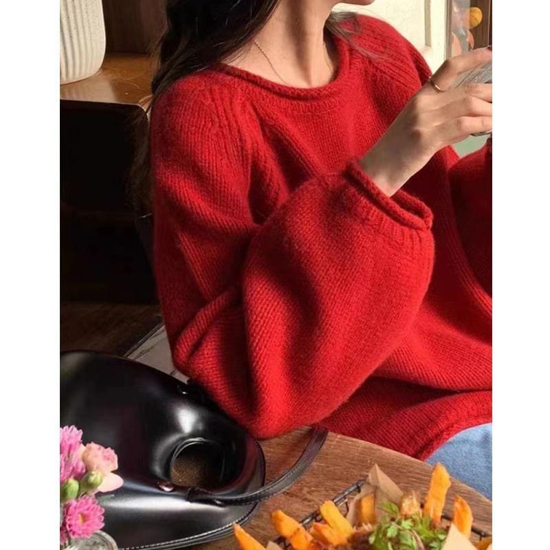 Puff-Sleeve Crew Neck Plain Sweater product image