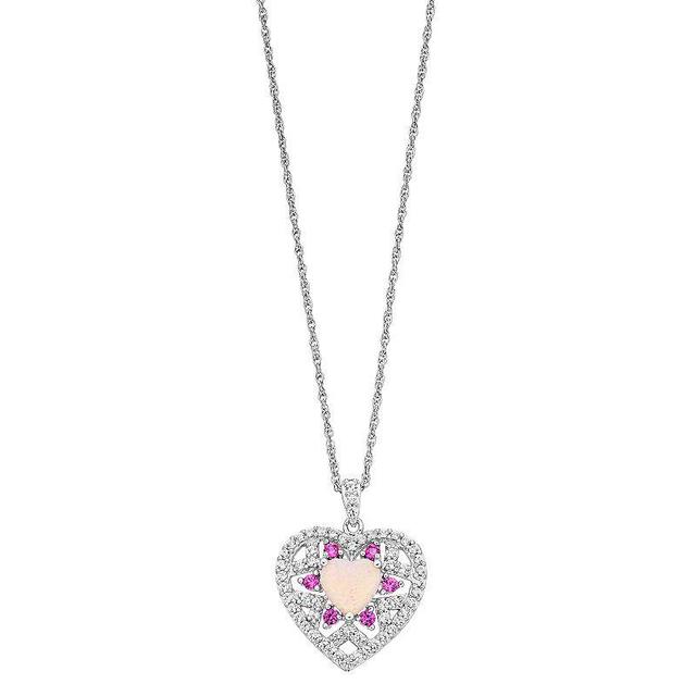 Sterling Silver Lab-Created Sapphire & Lab-Created Pink Opal Heart Pendant Necklace, Womens Product Image