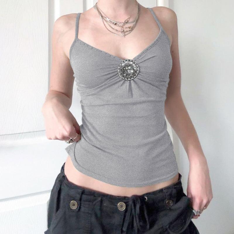 Spaghetti Strap V-Neck Rhinestone Buckle Camisole Top Product Image