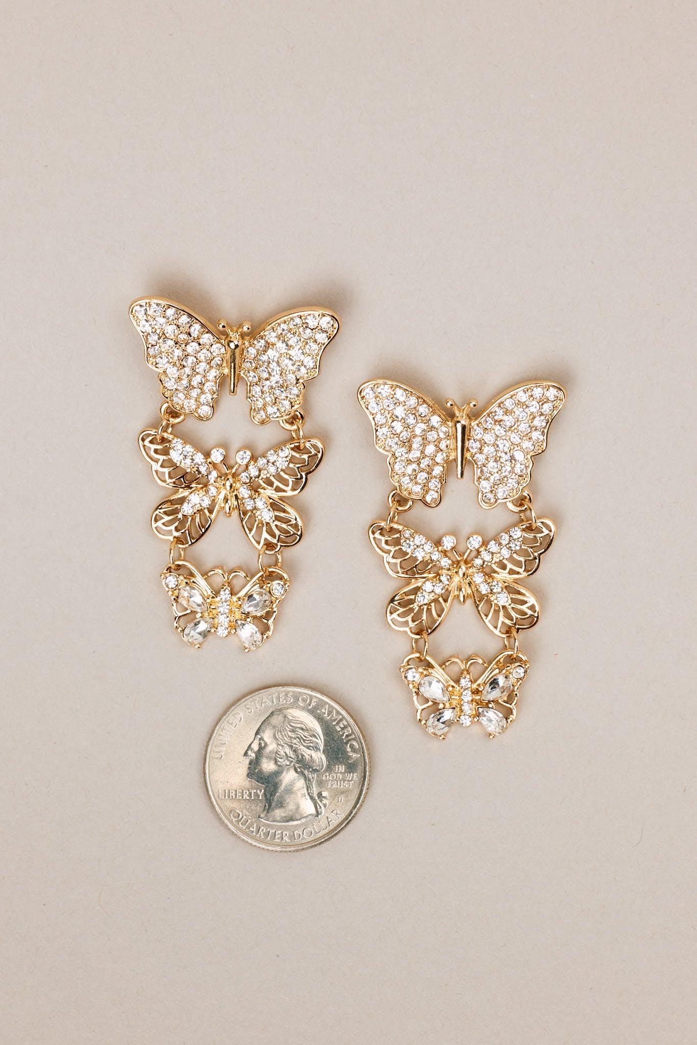 Monarch Majesty Gold Rhinestone Butterfly Drop Earrings Product Image