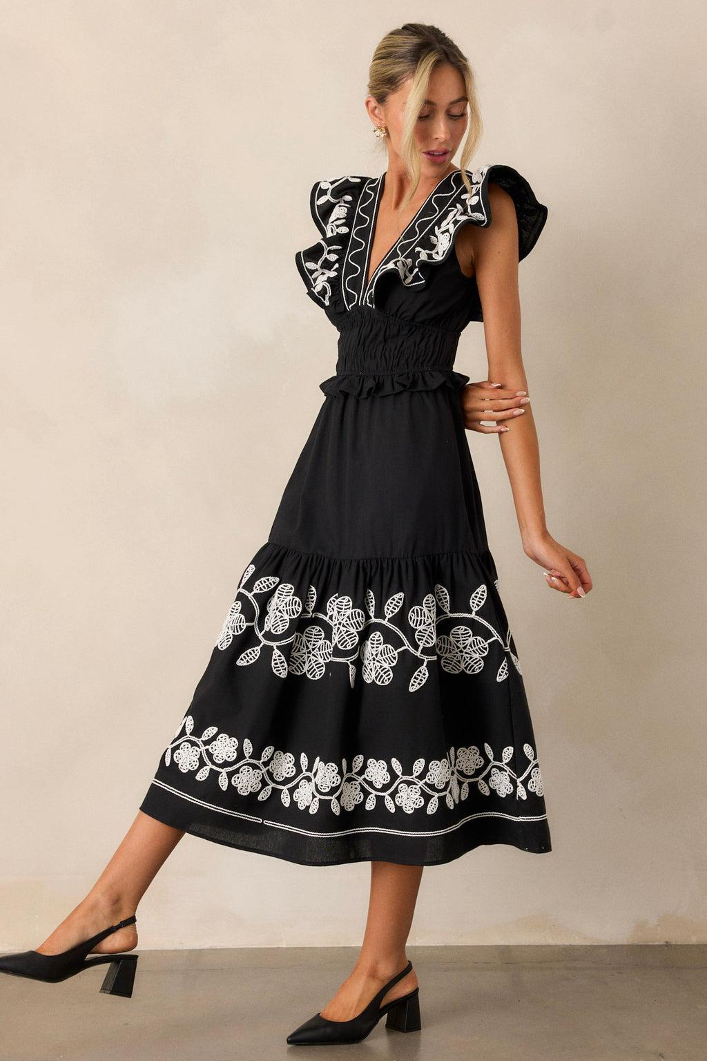 Whispering Pines Black Flutter Sleeve Midi Dress Product Image