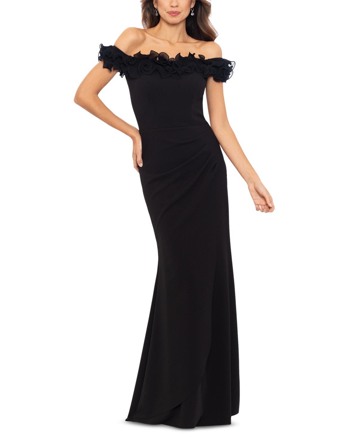 Xscape Womens Scuba-Crepe Ruffled Off-The-Shoulder Fit & Flare Gown Product Image