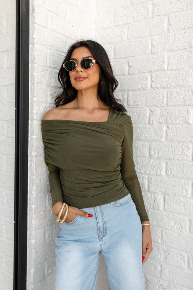 Forever Happy Olive Mesh Sleeve Draped Off The Shoulder Top Product Image