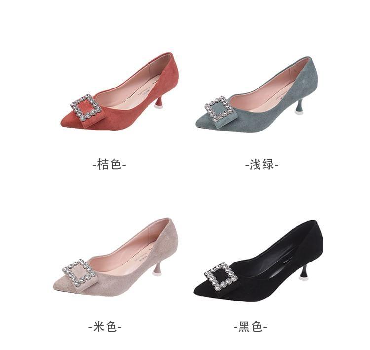 Pointed Toe Rhinestone Buckled Faux Suede Kitten Heel Pumps Product Image