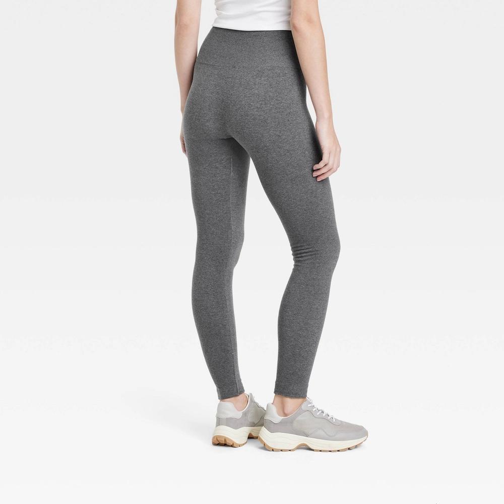 Women's High Waisted Cotton Seamless Fleece Lined Leggings - A New Day™ Black L/XL Product Image