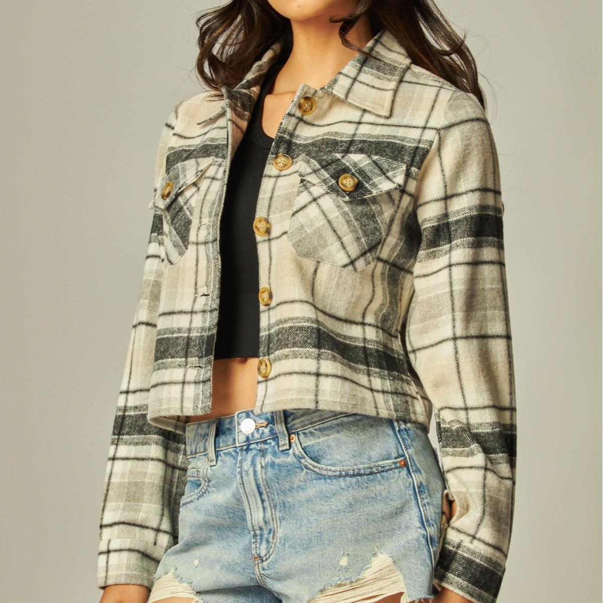 Flannel Plaid Cropped Shacket Button Down Product Image