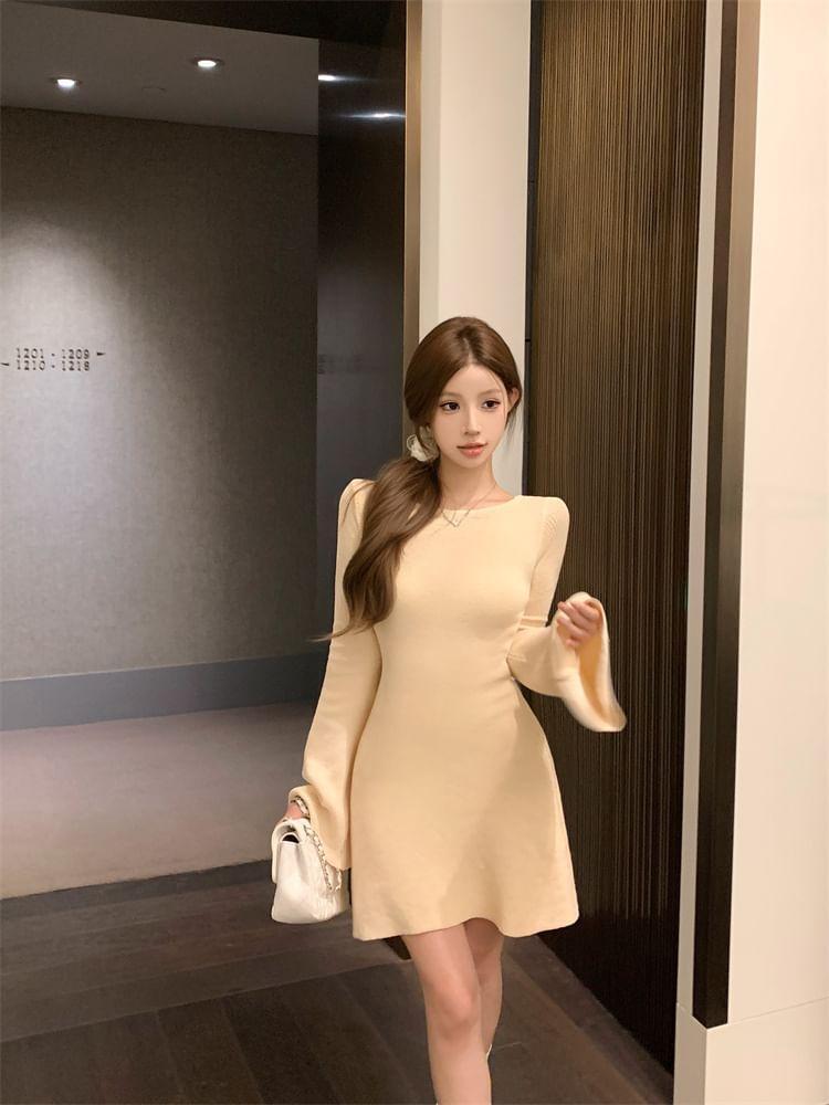 Crew Neck Plain Open Back Mini Dress Product Image