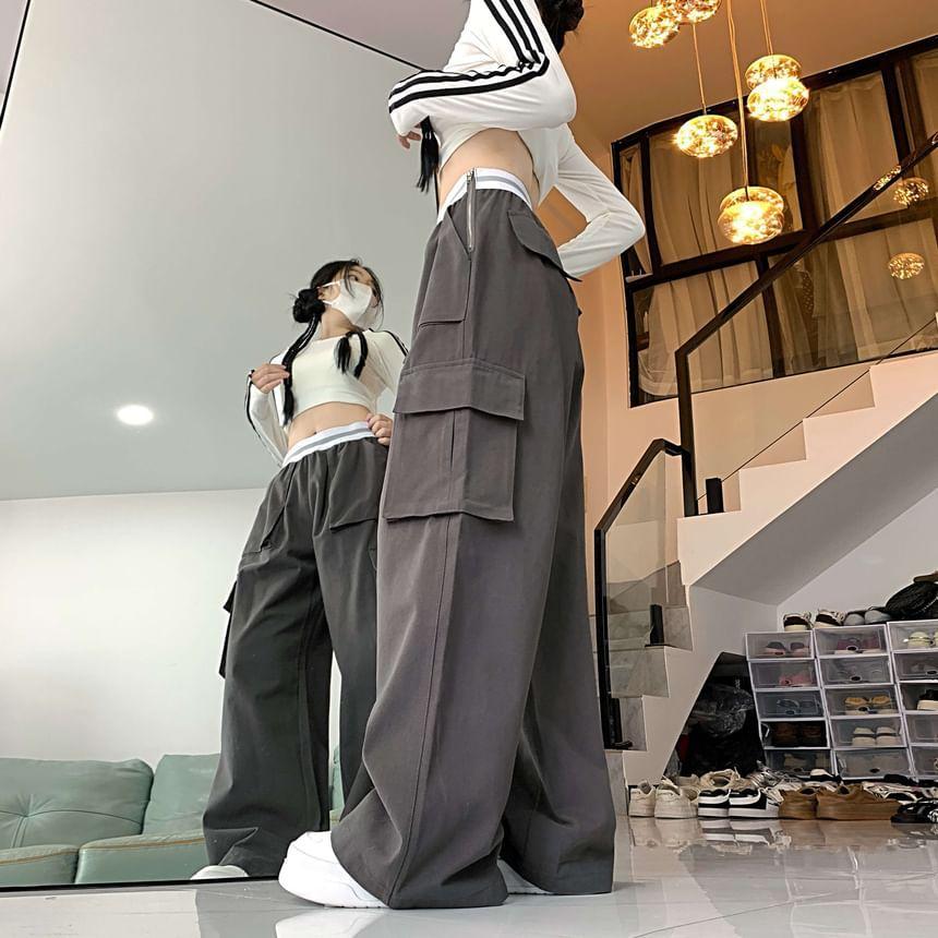 High Rise Plain Wide Leg Cargo Pants Product Image