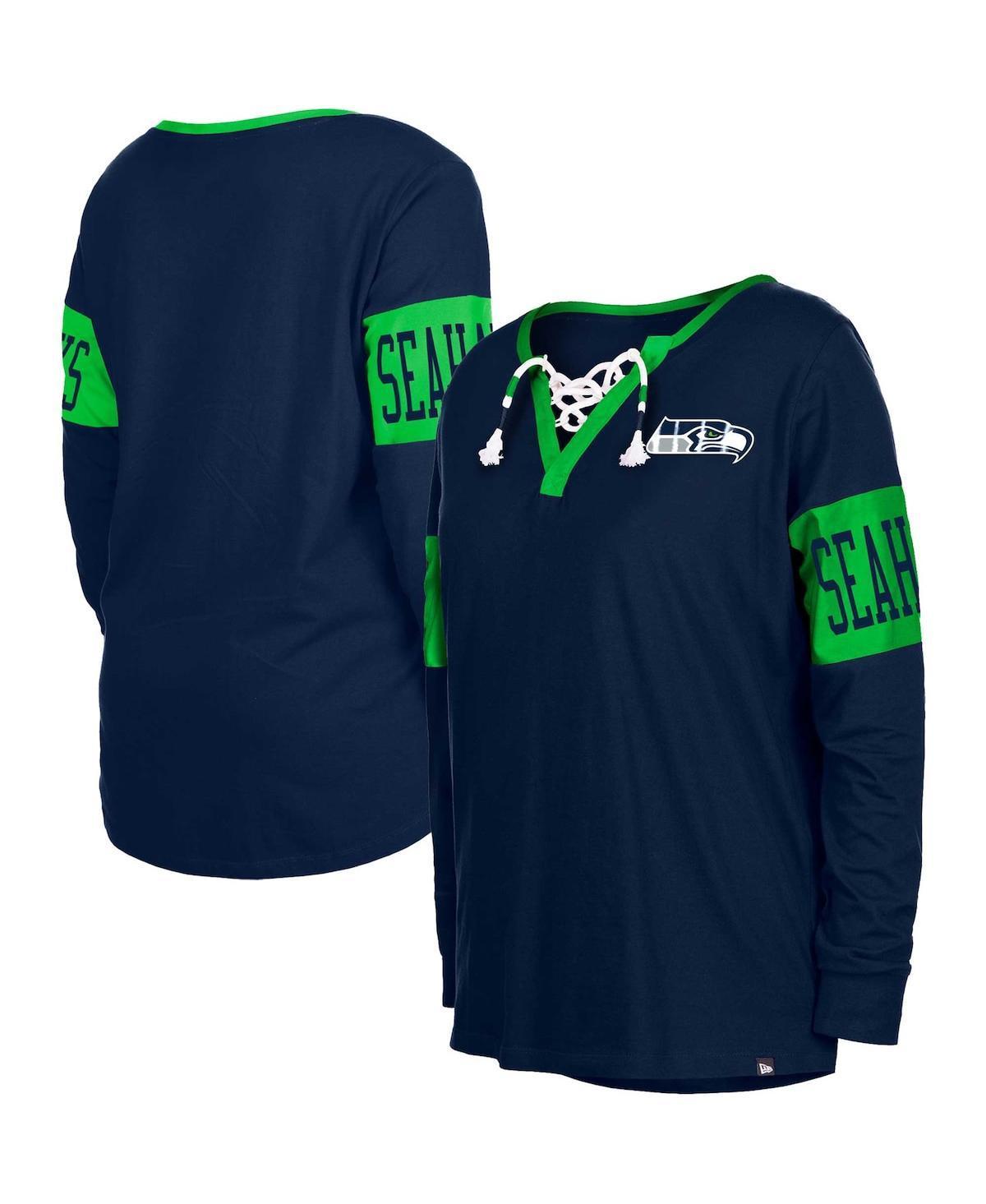 Womens New Era College Seattle Seahawks Lace-Up Notch Neck Long Sleeve T-Shirt Blue Product Image