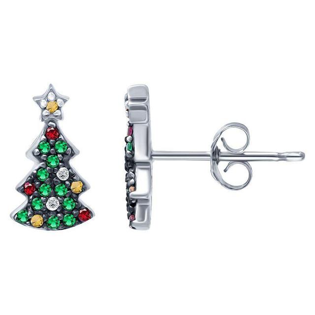 Aleure Precioso Sterling Silver Cubic Zirconia Christmas Tree Stud Earrings, Womens, Silver Tone Green Product Image