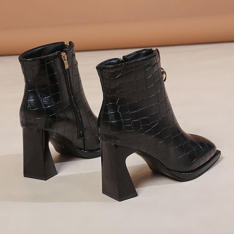 Block Heel Zip-Up Pointed Ankle Boots Product Image