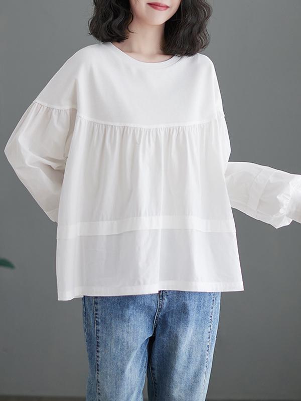 A-Line Long Sleeves Pleated Split-Joint Round-Neck T-Shirts Tops Product Image