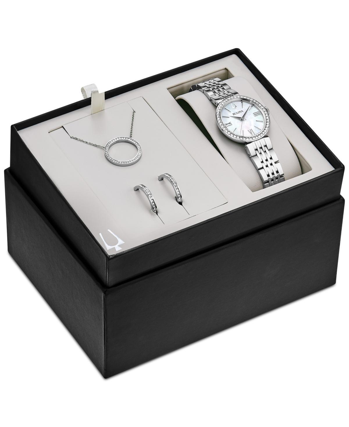 Bulova Womens Stainless Steel Crystal Accent Bracelet Watch, Circle Crystal Pendant Necklace & Hoop Earrings Box Set Silver Product Image