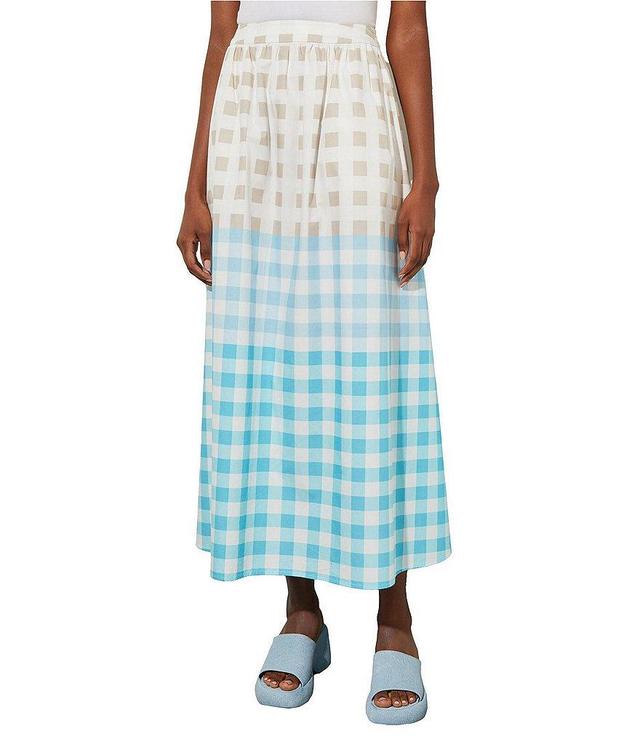 Ming Wang Cotton Poplin Color Block Windowpane Plaid Print Side Zip Pocketed A-Line Midi Skirt Product Image