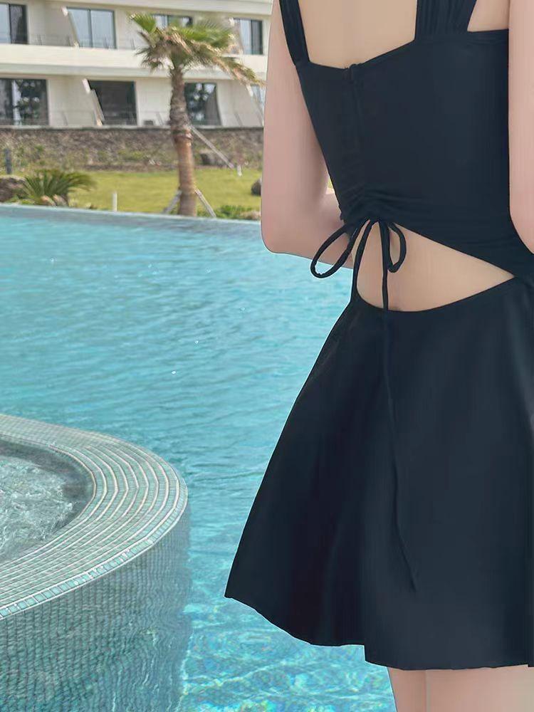 Sleeveless Plain Open Back Swim Dress Product Image