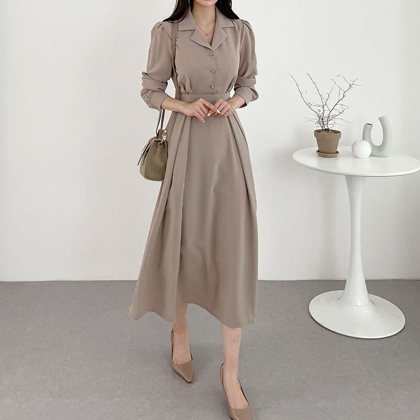 Long-Sleeve Plain Midi A-Line Shirt Dress Product Image