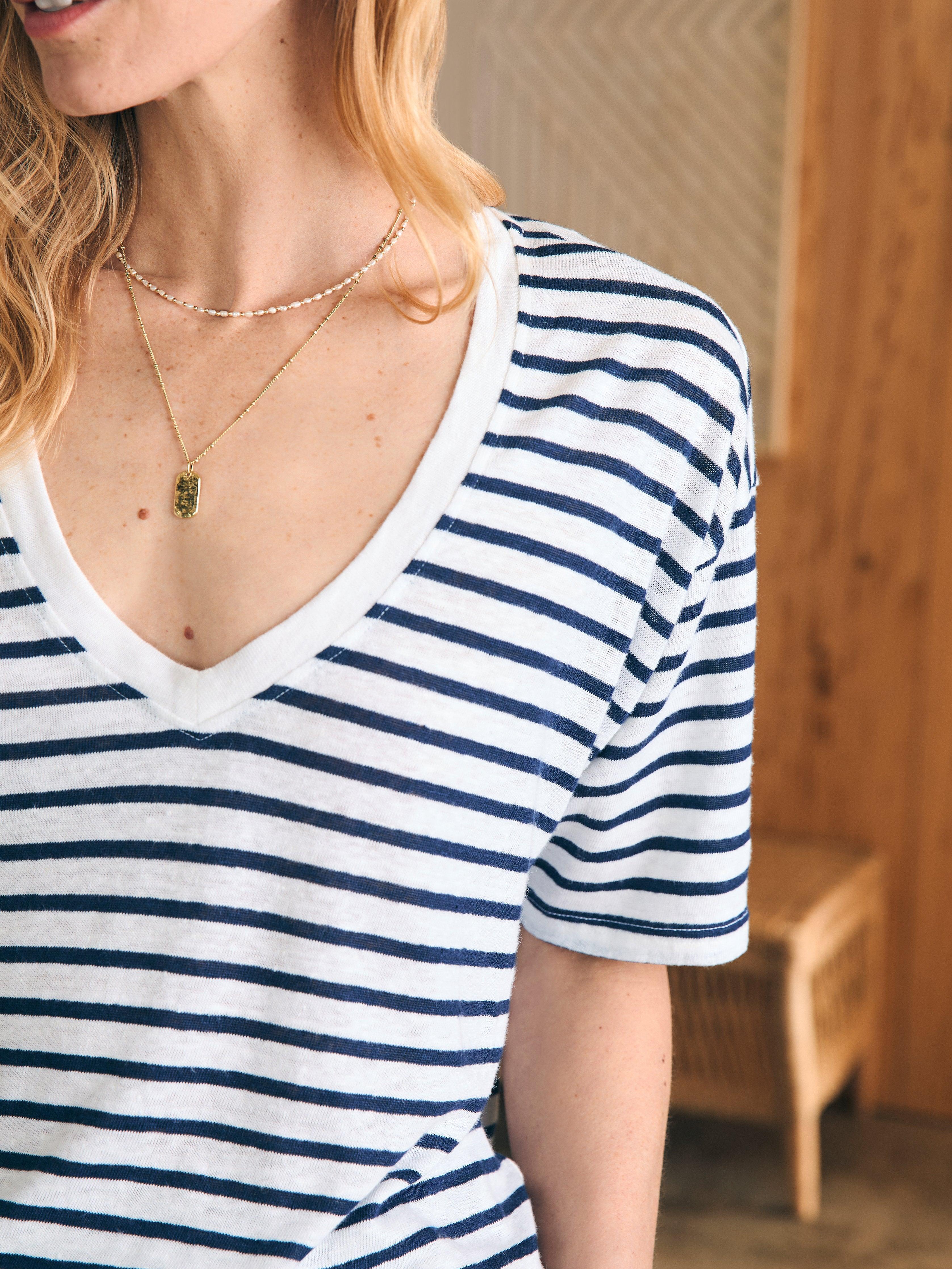 Oceanside Linen V-Neck Tee - Ahoy Stripe Female Product Image