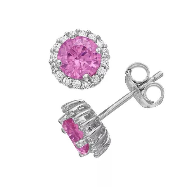 Rosabella Sterling Silver Pink Cubic Zirconia Halo Stud Earrings, Womens Product Image