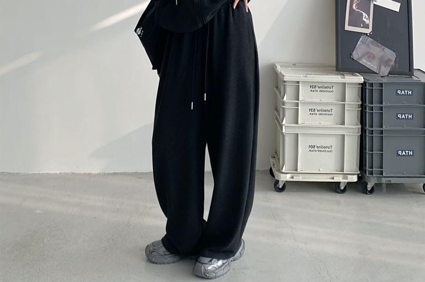 Plain Zip Hoodie / Drawstring Waist Wide Leg Sweatpants Product Image