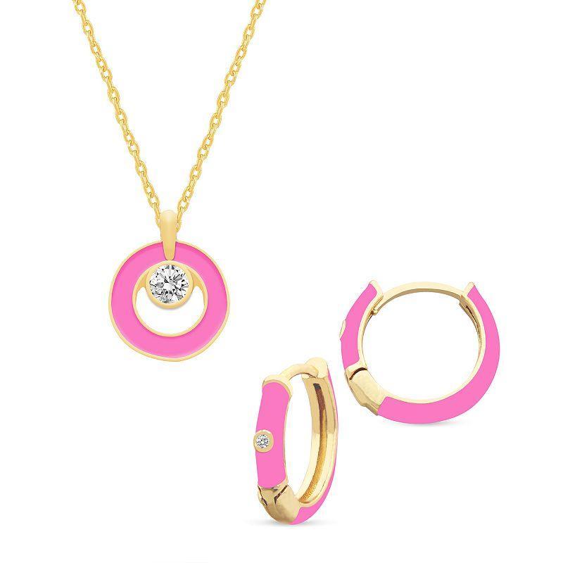 Royal Aura Gold Tone Pink Enamel & Crystal Orbital Pendant Necklace & Huggie Earrings Set, Womens Product Image