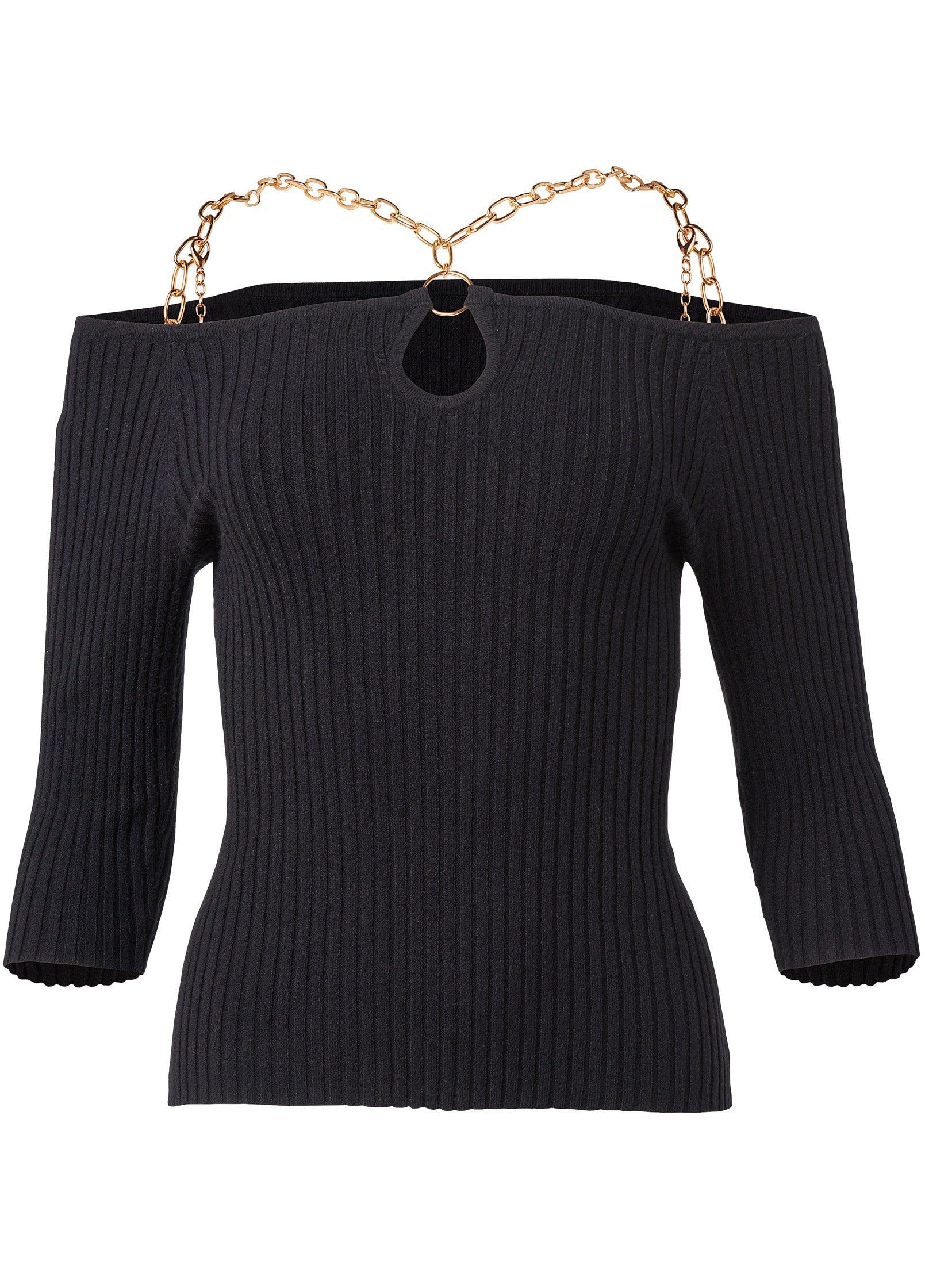 Chain Detail Ribbed Sweater - Black Product Image