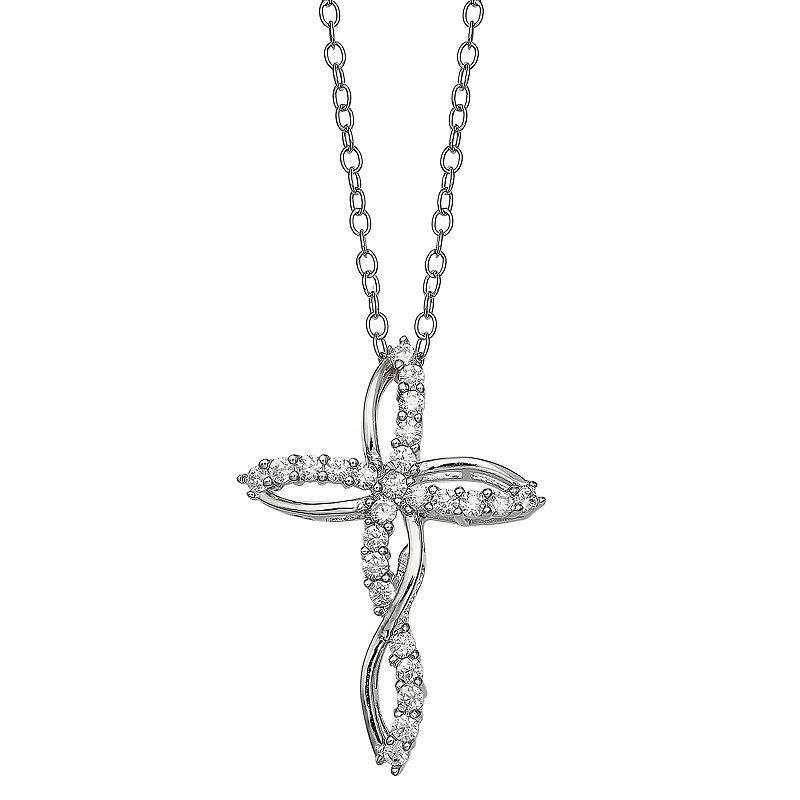 PRIMROSE Sterling Silver Cubic Zirconia Twist Cross Pendant Necklace, Womens Product Image