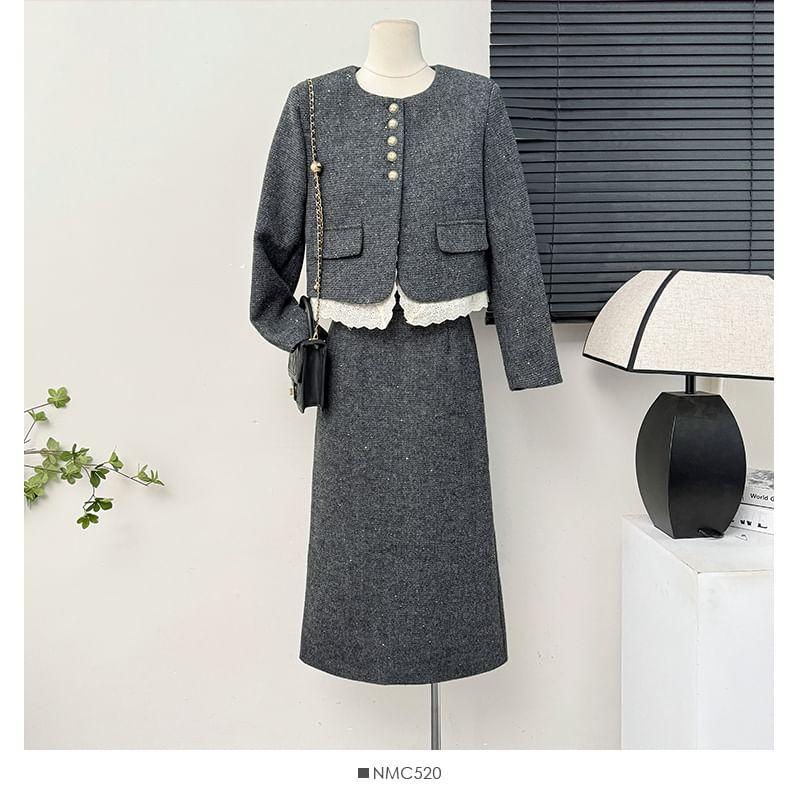 Set: Lace-Hem Tweed Blazer + Slited Midi Skirt Product Image