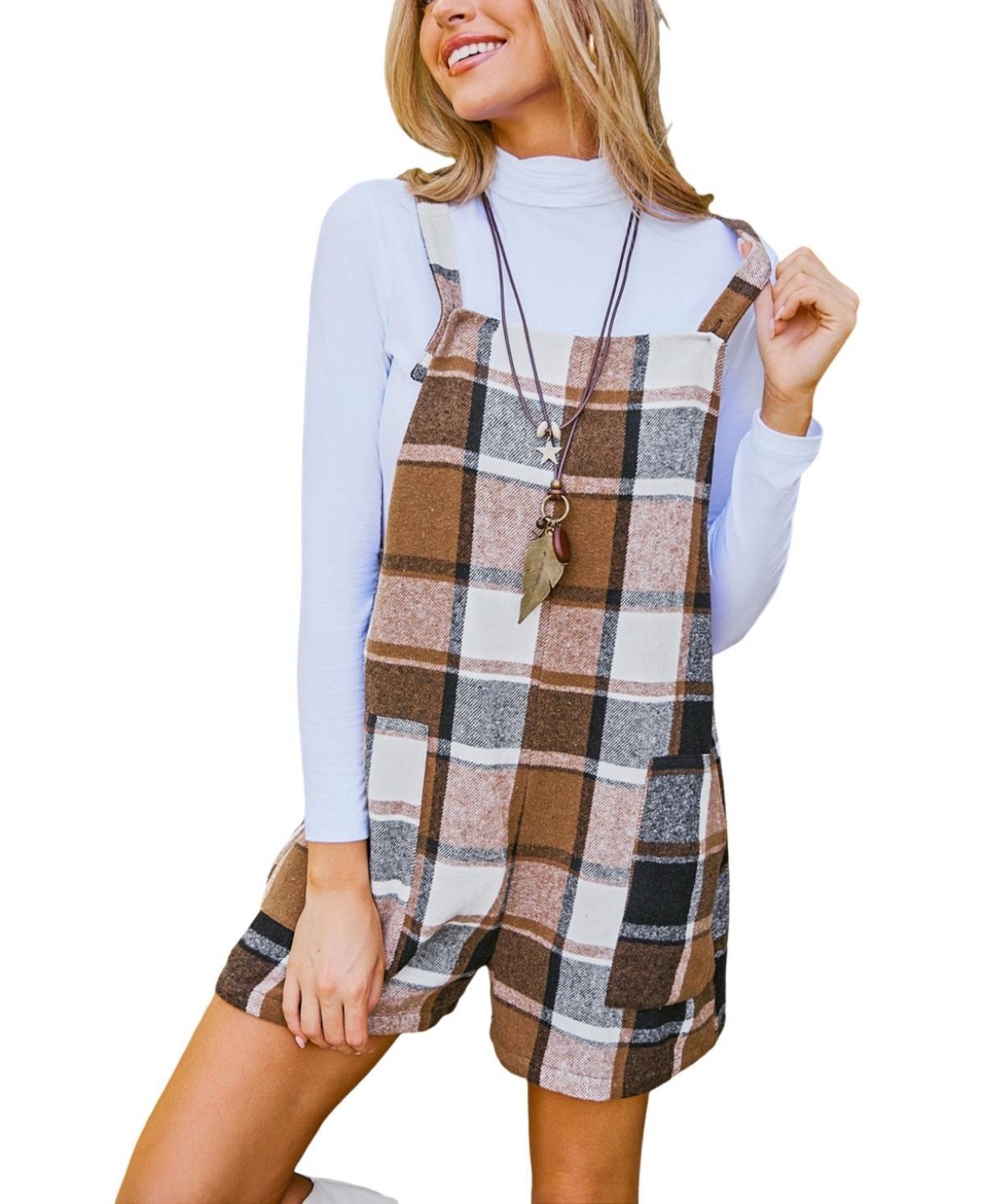 Cupshe Womens Brown Plaid Square Neck Sleeveless Wide Leg Romper Product Image