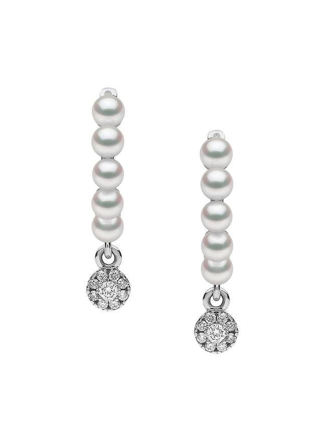 Womens Eclipse 18K White Gold, Akoya Pearl & 0.17 TCW Diamond Hoop Earrings Product Image